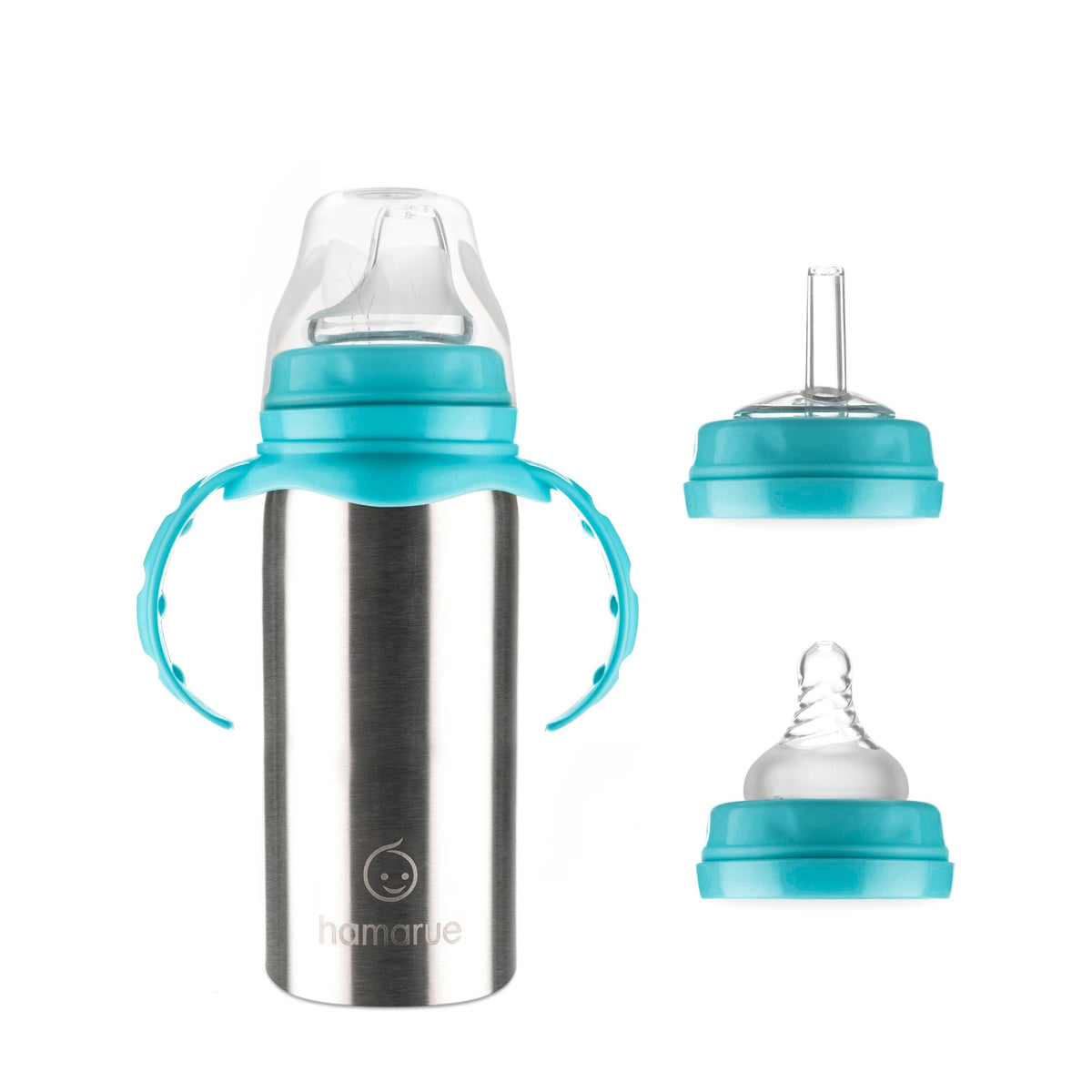 Hamarue teal stainless sippy cup with teal lid, easy-grip for toddlers on the go.