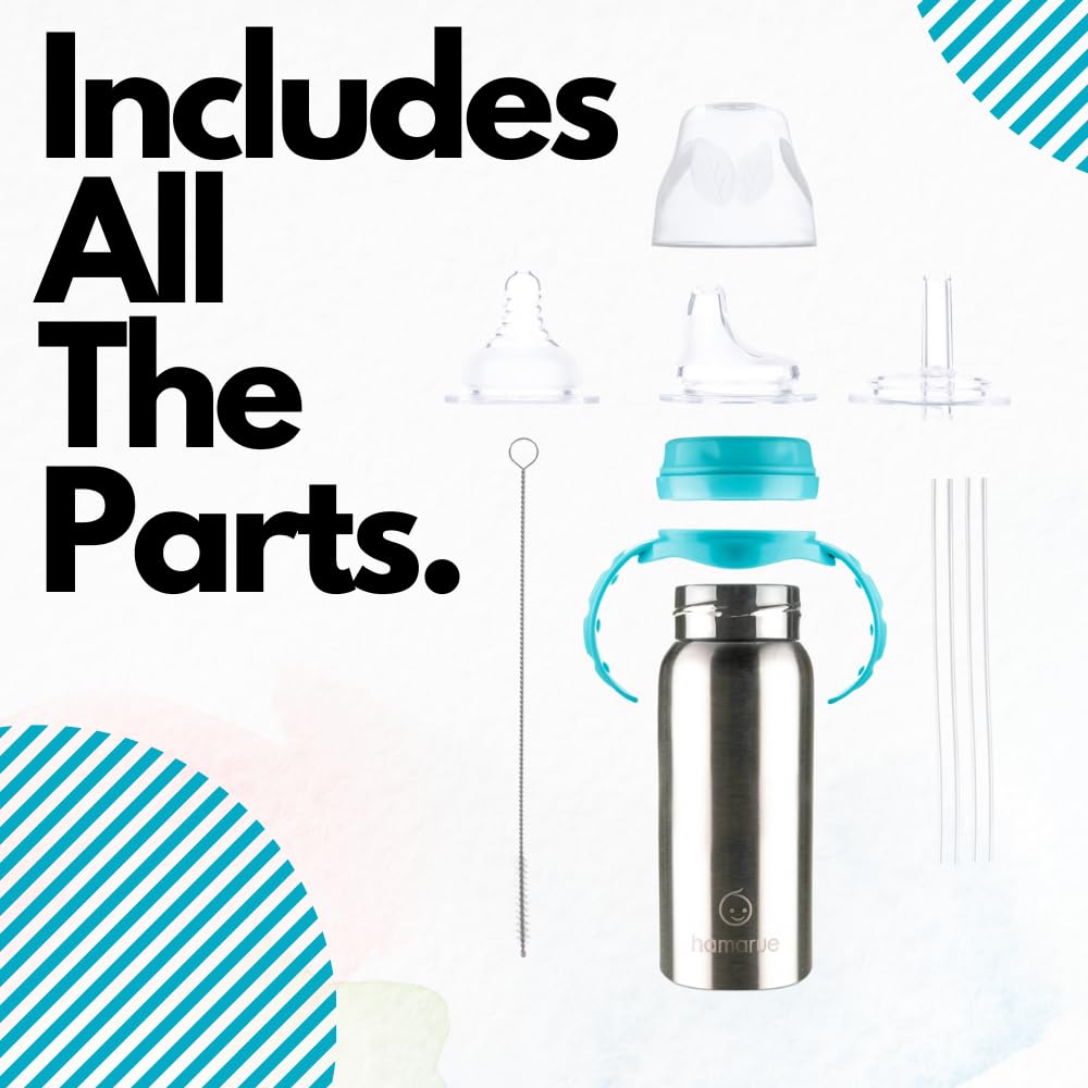 Hamarue travel-ready bottle with leak-proof cover fits car seats and strollers.