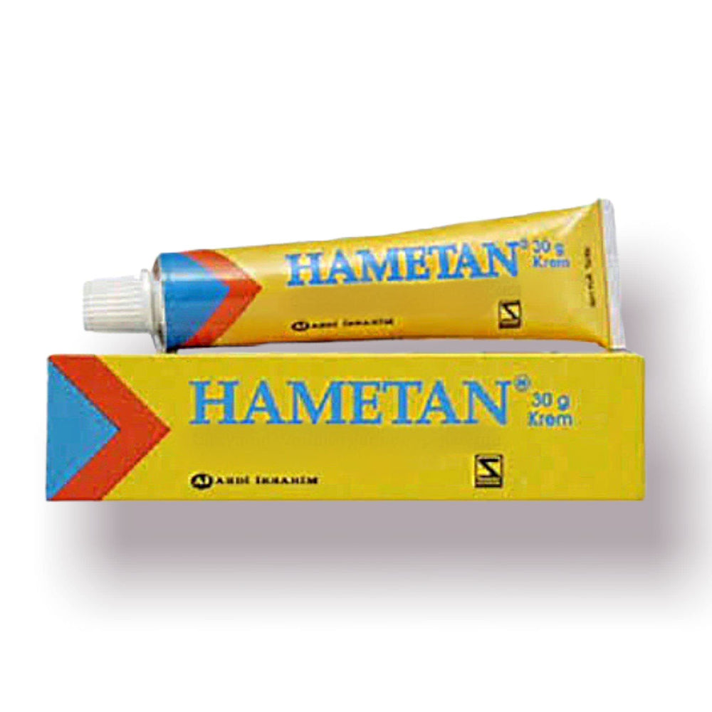Hametan cream 30g bottle shown; supports skin hydration and repair for damaged skin.