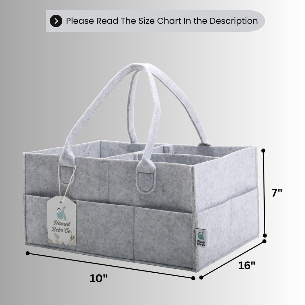 Hamid Bebe Co diaper caddy with 8 exterior pockets for quick-access items.