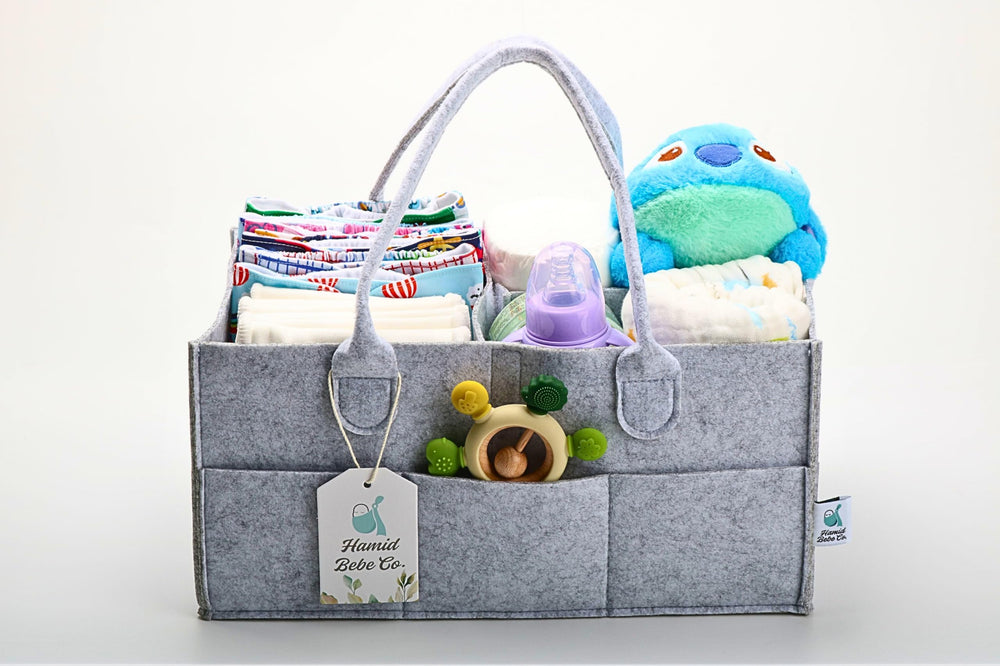 Hamid Bebe Co diaper caddy makes a thoughtful baby shower gift option.