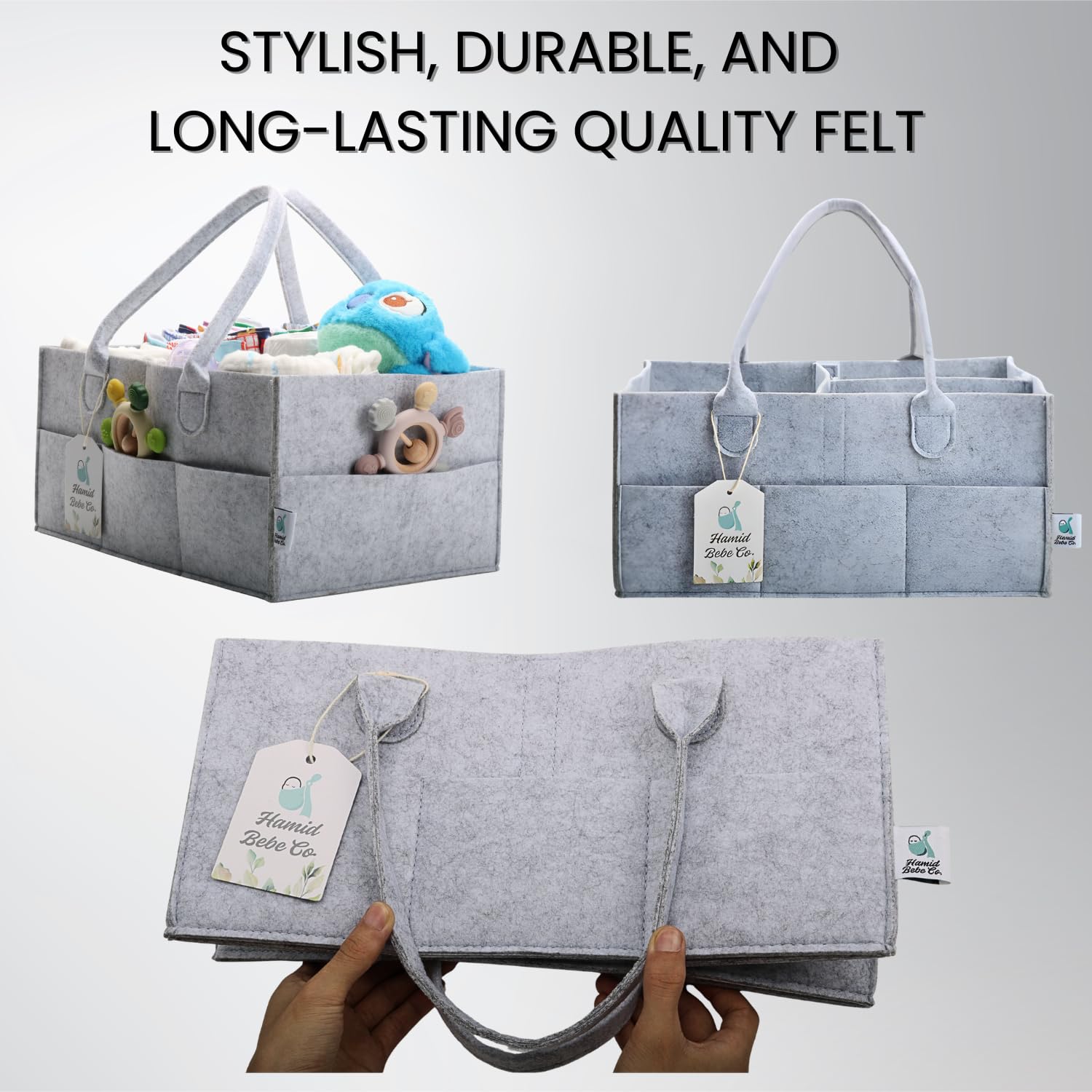 Hamid Bebe Co diaper caddy premium felt construction blends with nursery decor.