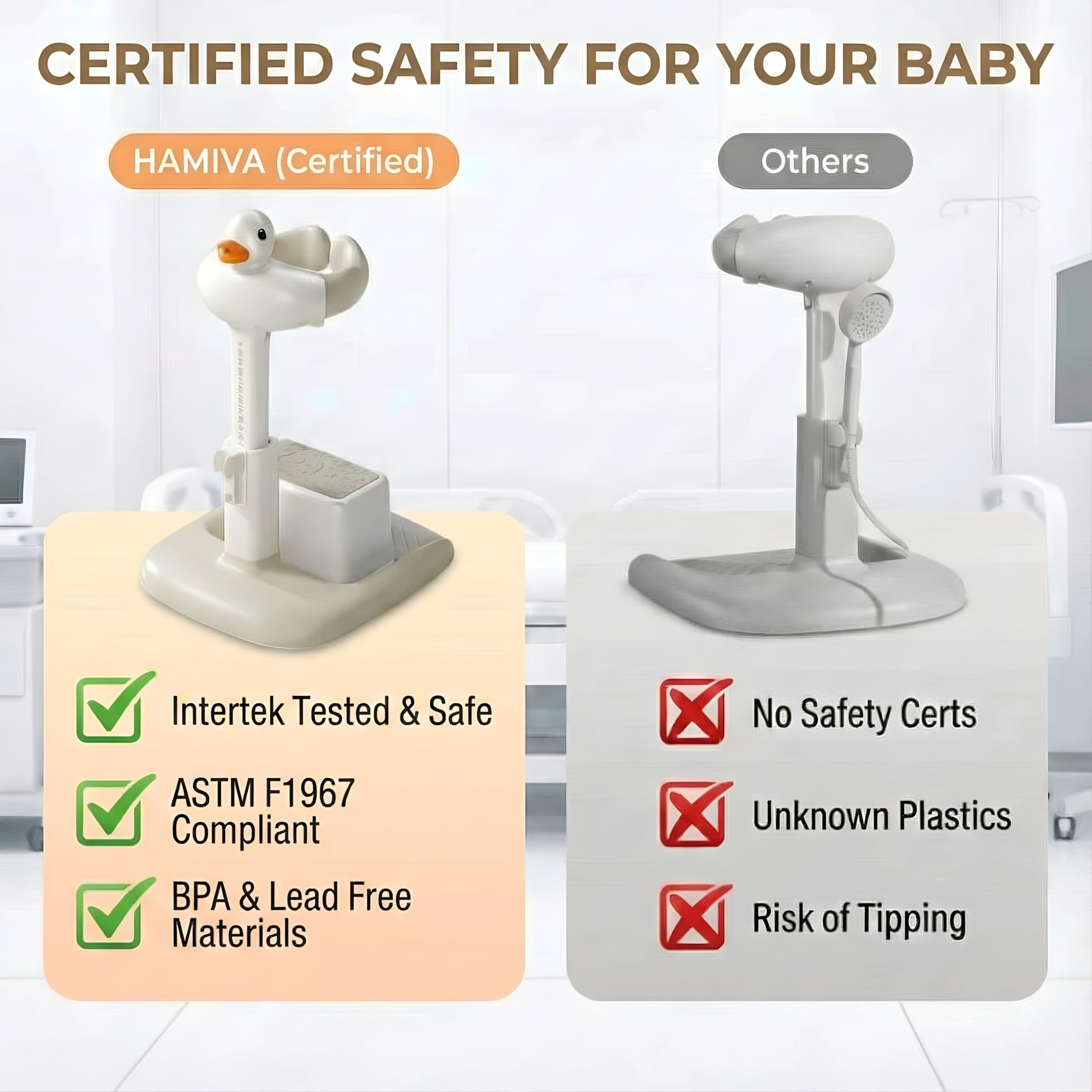 HAMIVA bath stand anti-slip-base ensures stable bathing on wet surfaces.