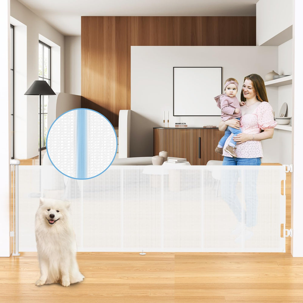 HAMOPY 120-inch reinforced gate mesh closed for safe doorway access.