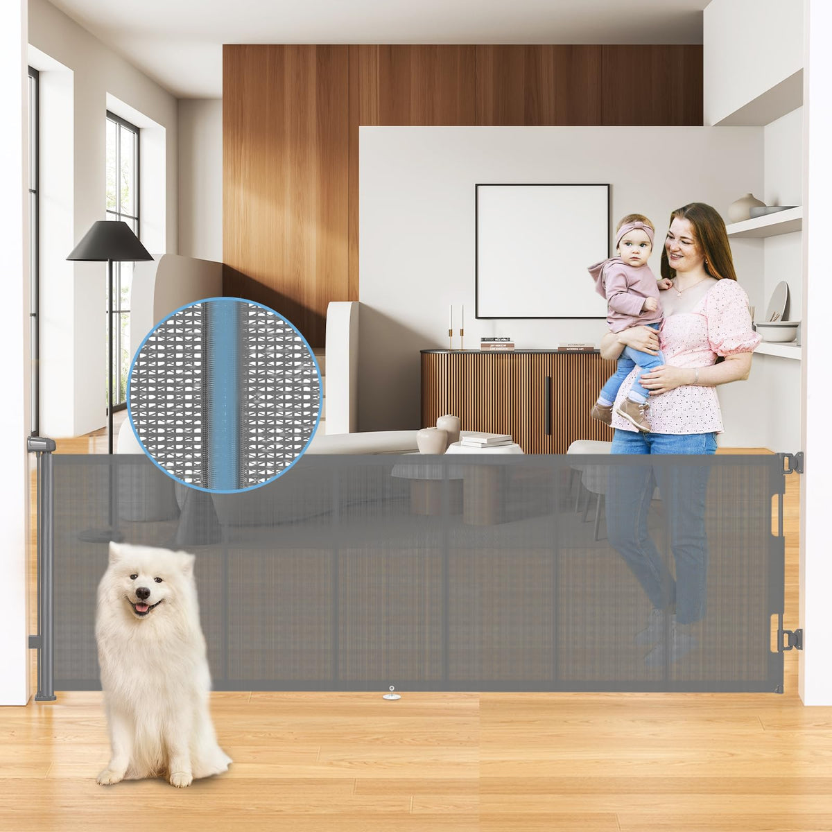 HAMOPY 120-inch retractable gate extended across a doorway for versatile indoor safety