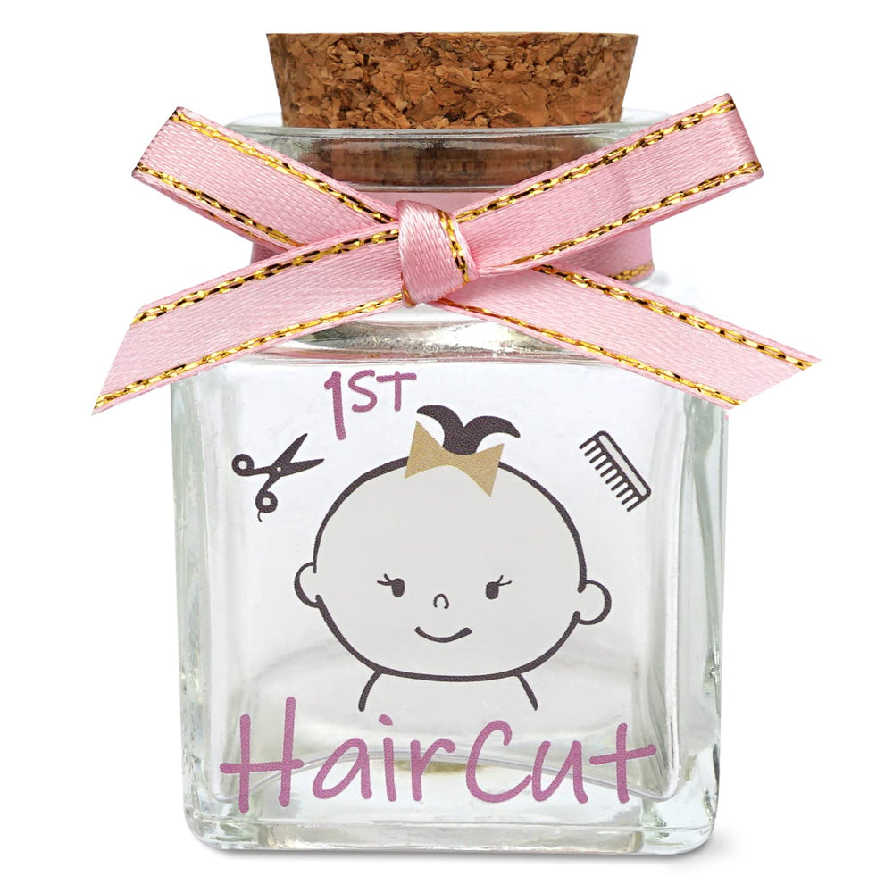HAMUIERS first haircut keepsake holder bottle closeup showing clear glass for lasting memories