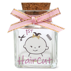 HAMUIERS first haircut keepsake holder bottle closeup showing clear glass for lasting memories