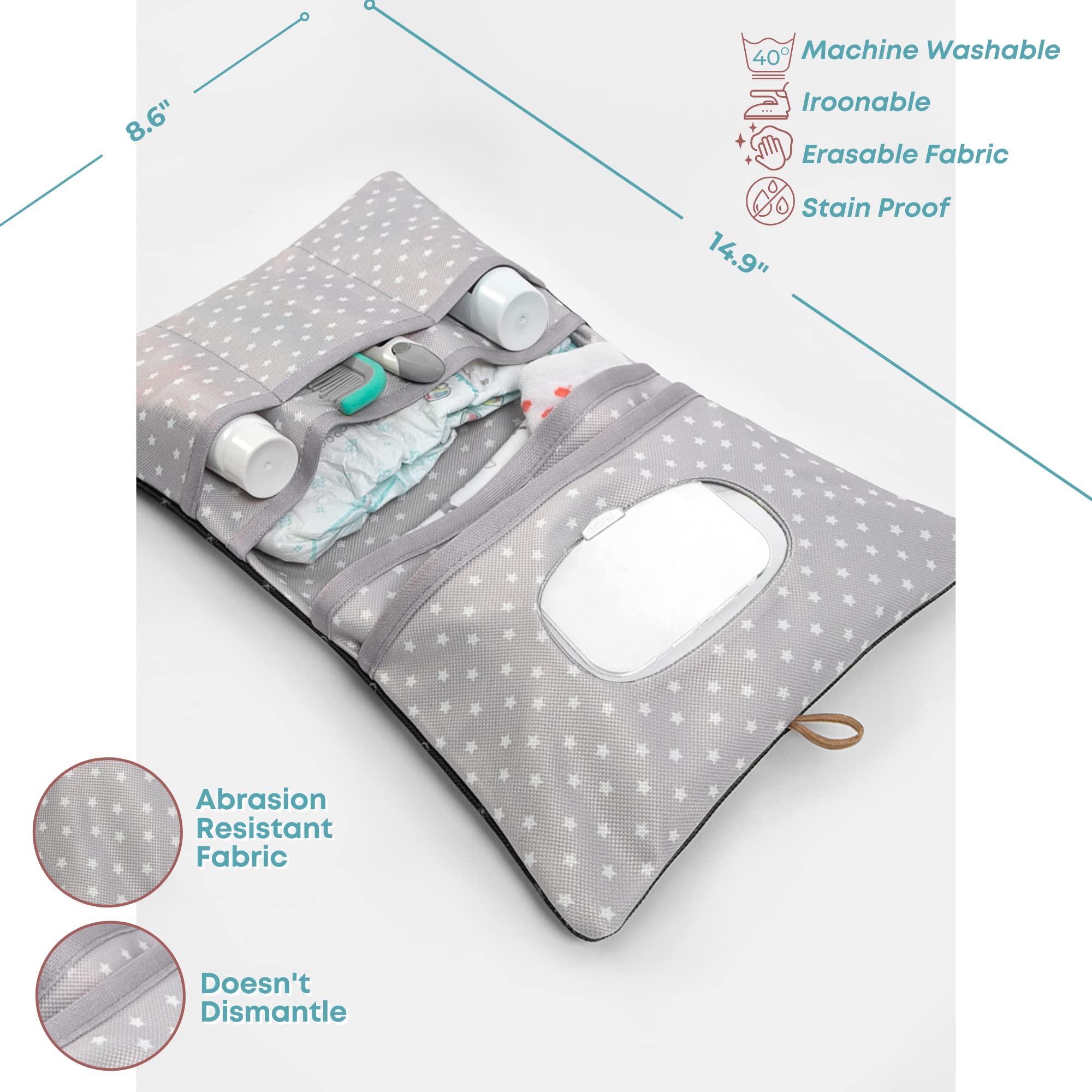 HAMUR HOME baby diaper bag organizer inside view shows multi-compartment layout for diapers, wipes and creams