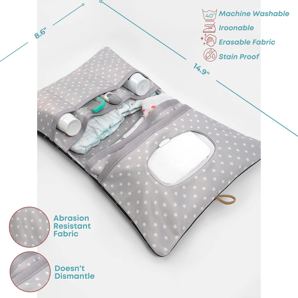 HAMUR HOME baby diaper bag organizer inside view shows multi-compartment layout for diapers, wipes and creams