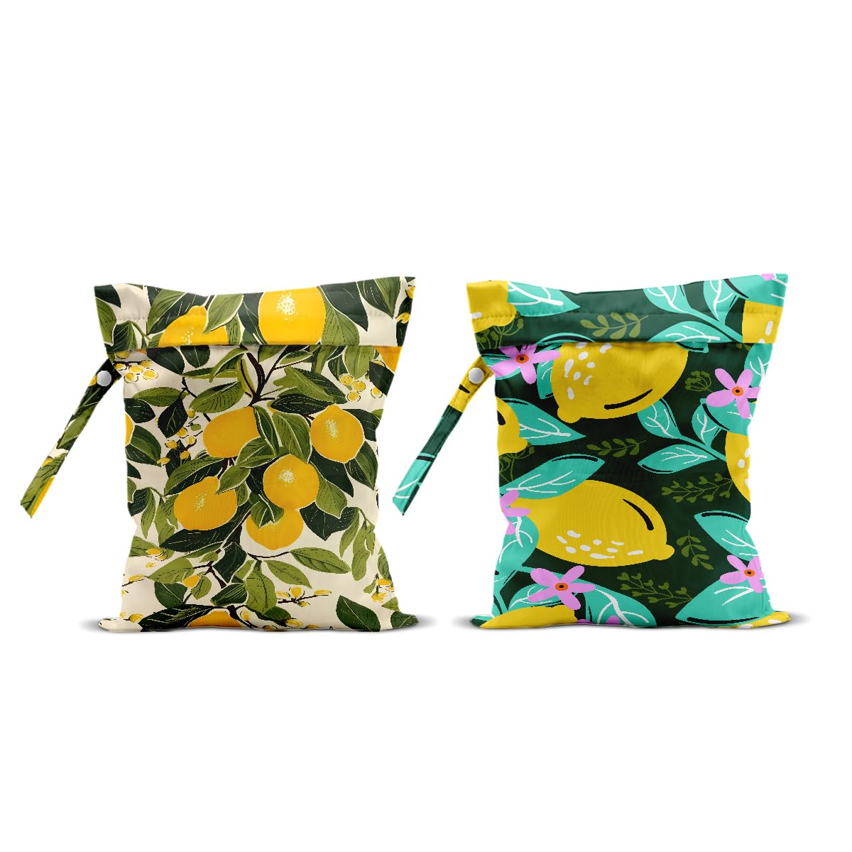 Hanamiya Na lemon-print wet bag with handle, ideal for beach gear.