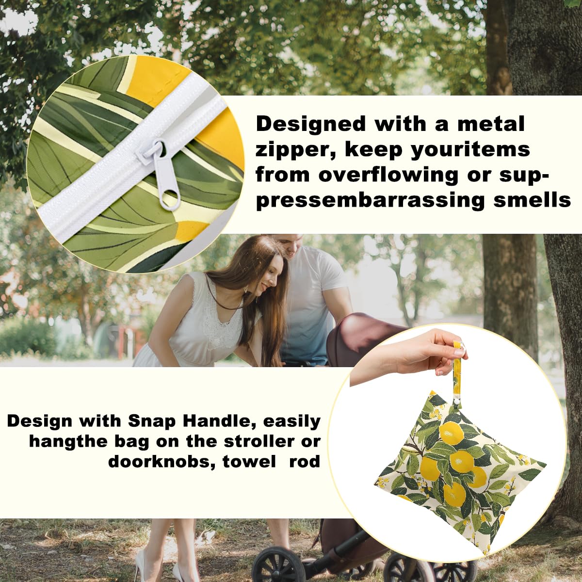 Hanamiya Na lemon-print wet bag's waterproof design protects clothes during pool days.