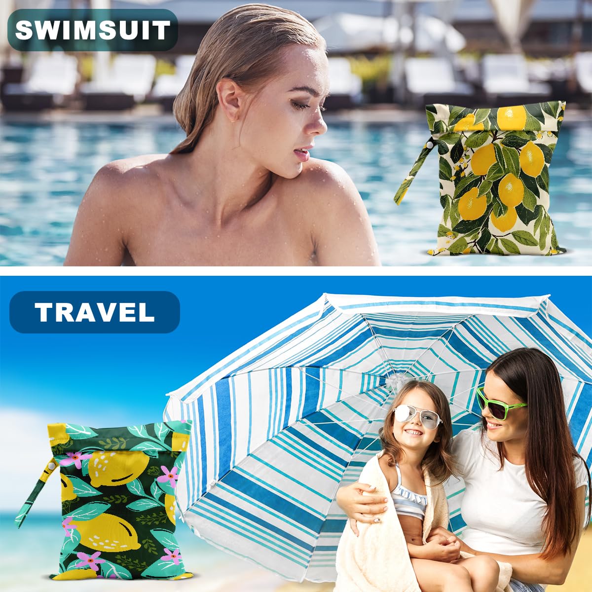 Hanamiya Na lemon-print wet bag doubles as makeup or toiletries pouch.