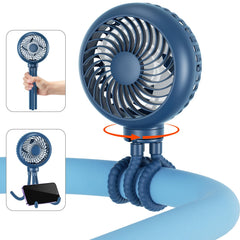 HandFan blue-stroller-clip-on shows portable cooling for parents on the move.