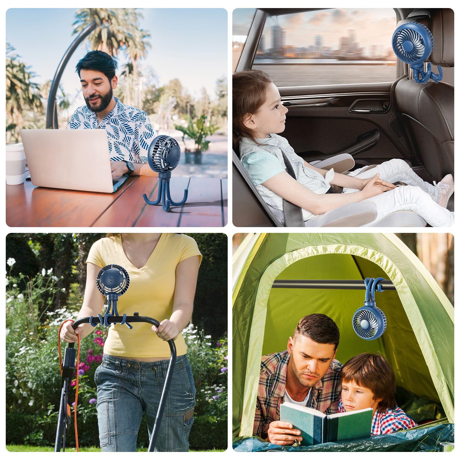 HandFan flexible tripod clip blue enables versatile mounting on strollers or equipment.