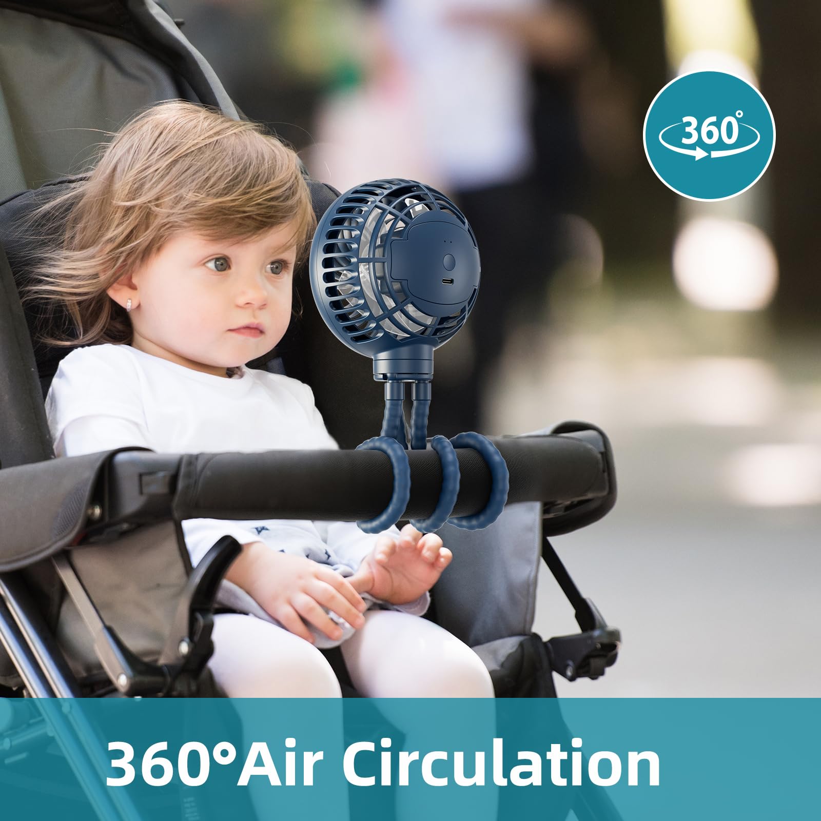 HandFan soft foam blades blue emphasize safe, quiet airflow near family.