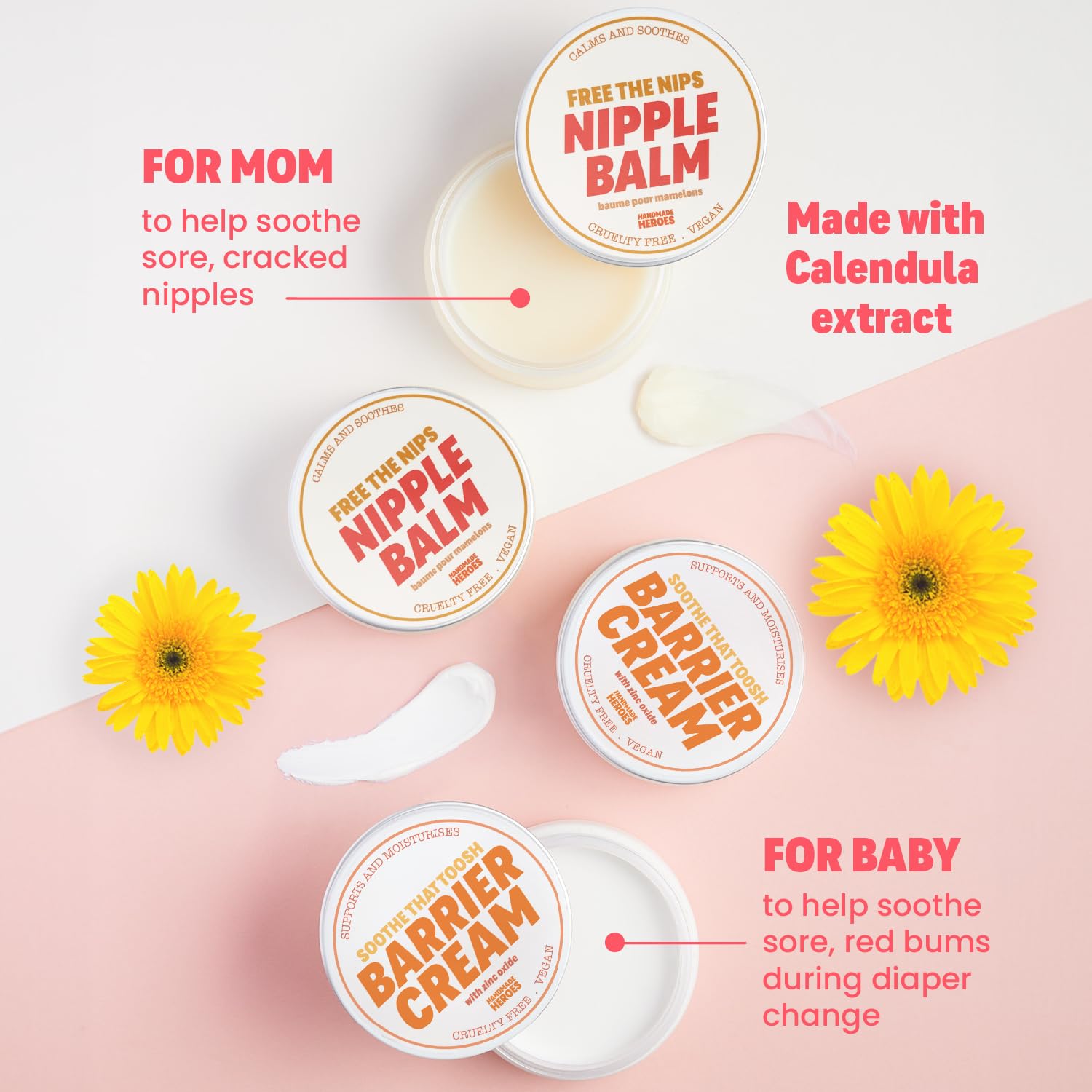 Handmade Heroes Nipple Balm on skin demonstrates gentle, soothing application for breastfeeding skin.