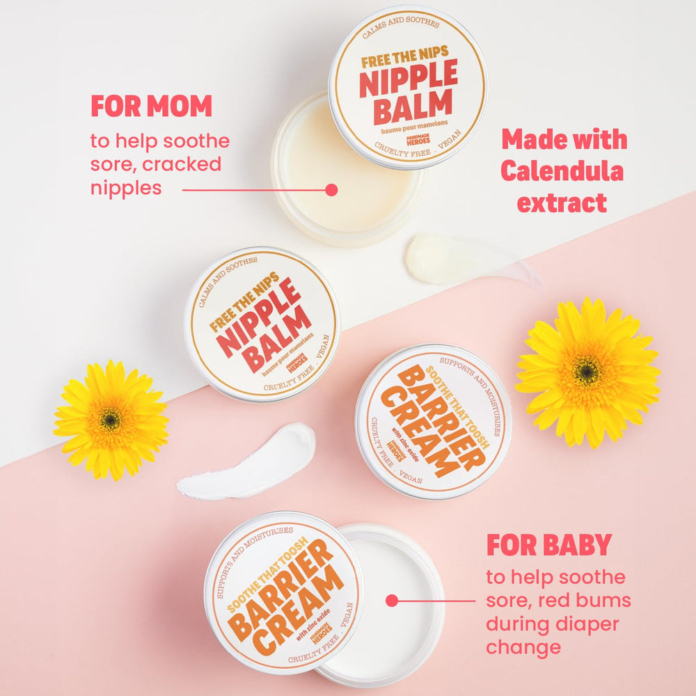 Handmade Heroes Nipple Balm on skin demonstrates gentle, soothing application for breastfeeding skin.