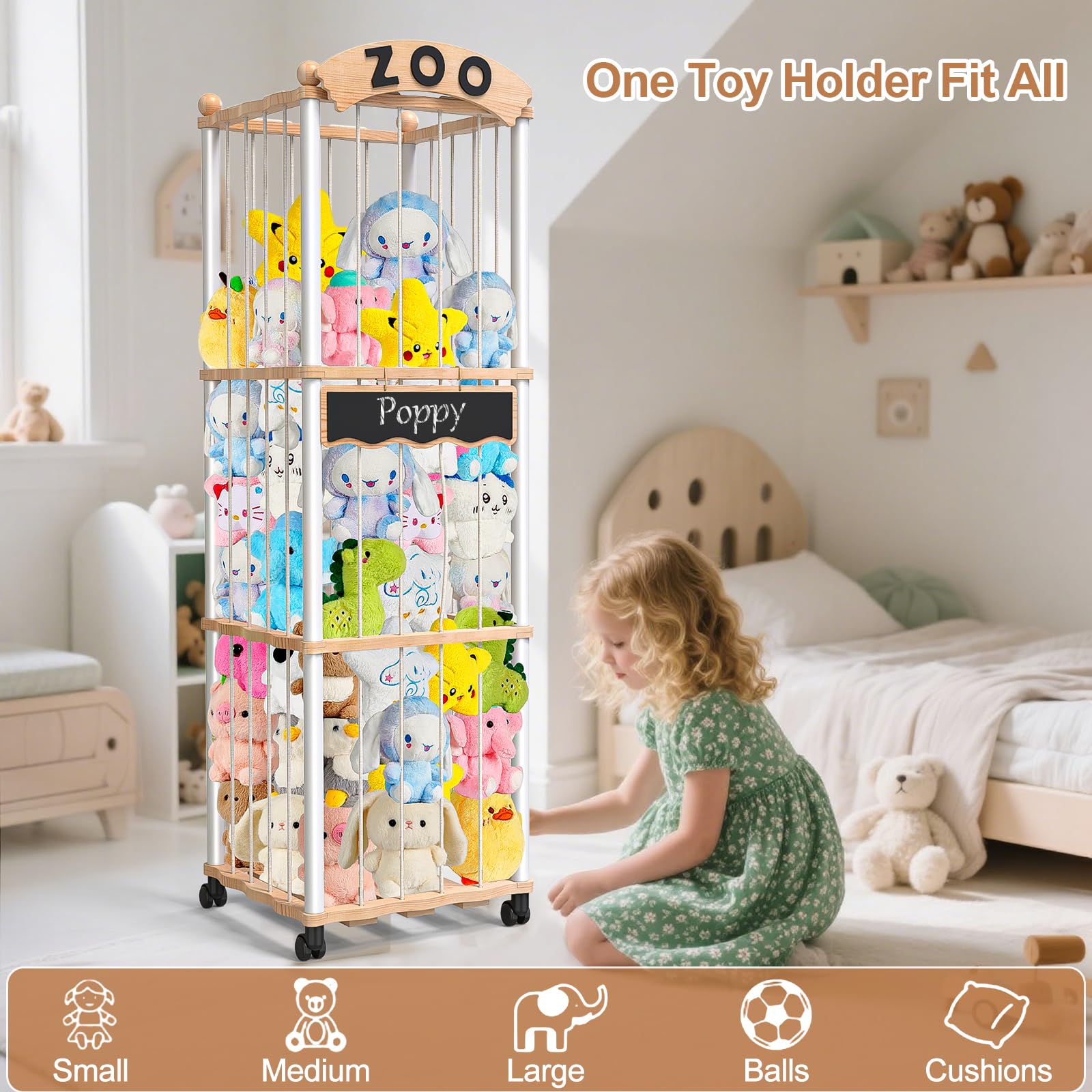 Handrong wood toy holder keeps rooms organized and accessible for plushies