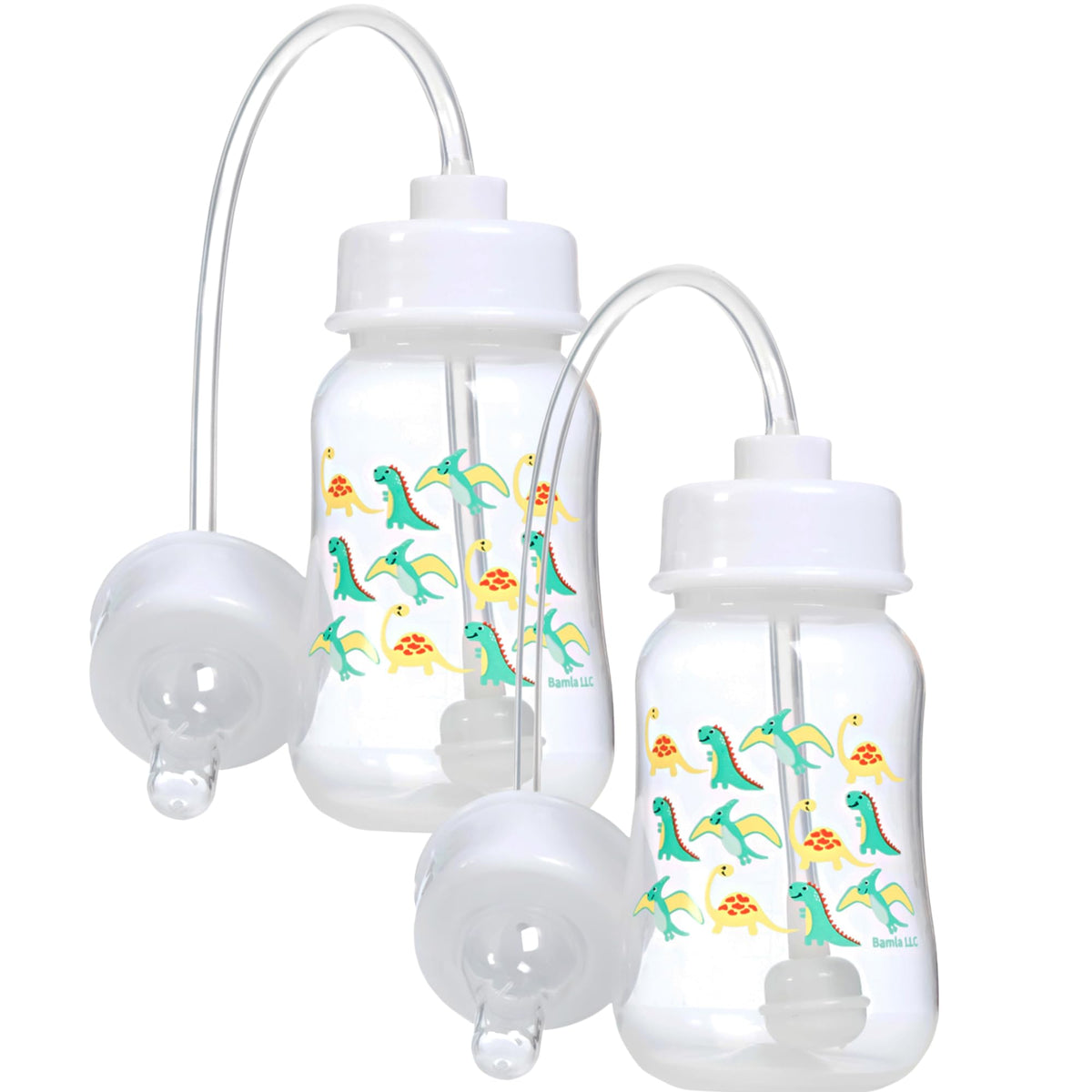 Hands-Free Baby Bottle 4oz Dinosaur Pack—two bottles for travel feeding.