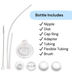 Hands-Free Baby Bottle anti-colic system close-up showing fast flow nipple for toddlers.