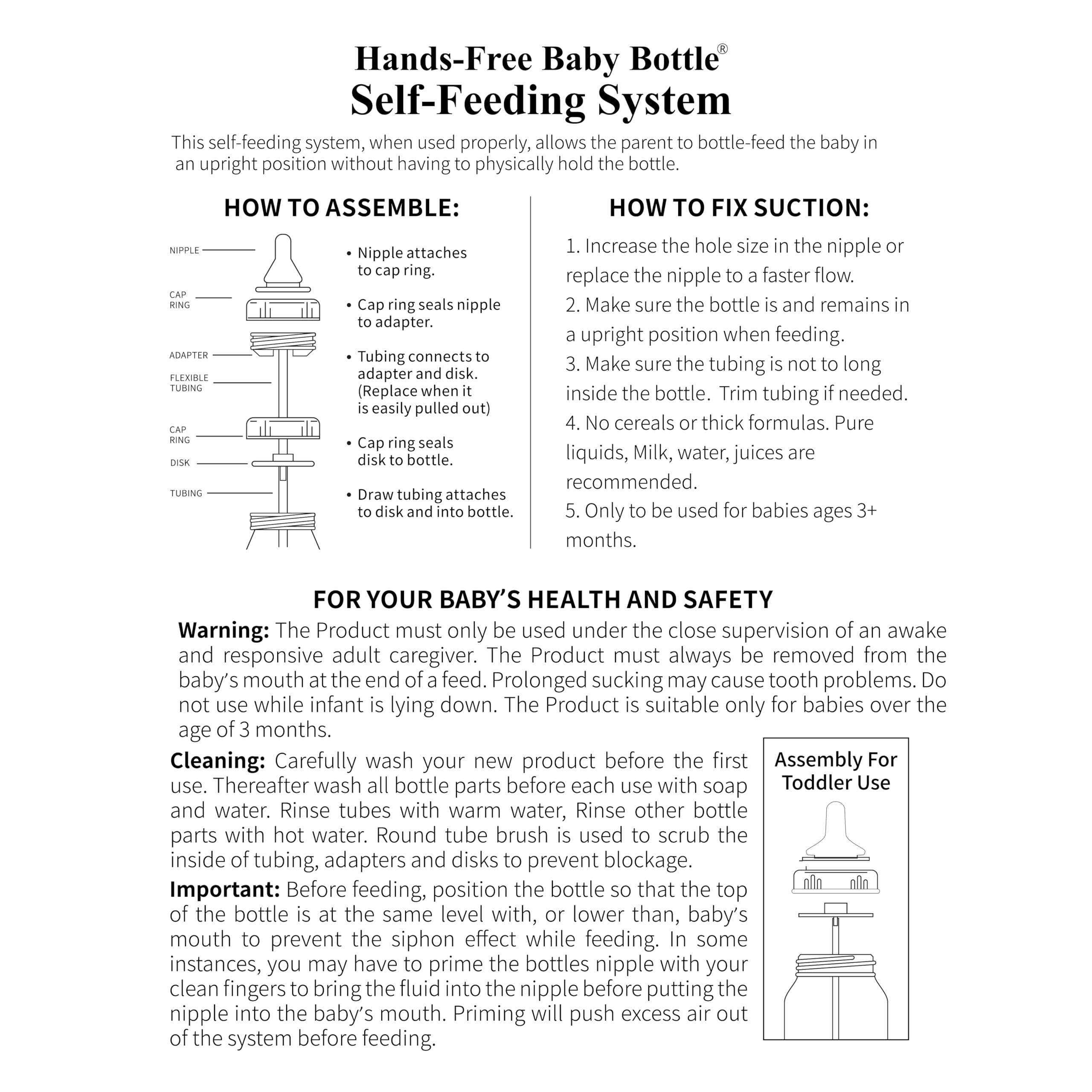 Hands-Free Baby Bottle easy assembly reduces leaks when used upright.