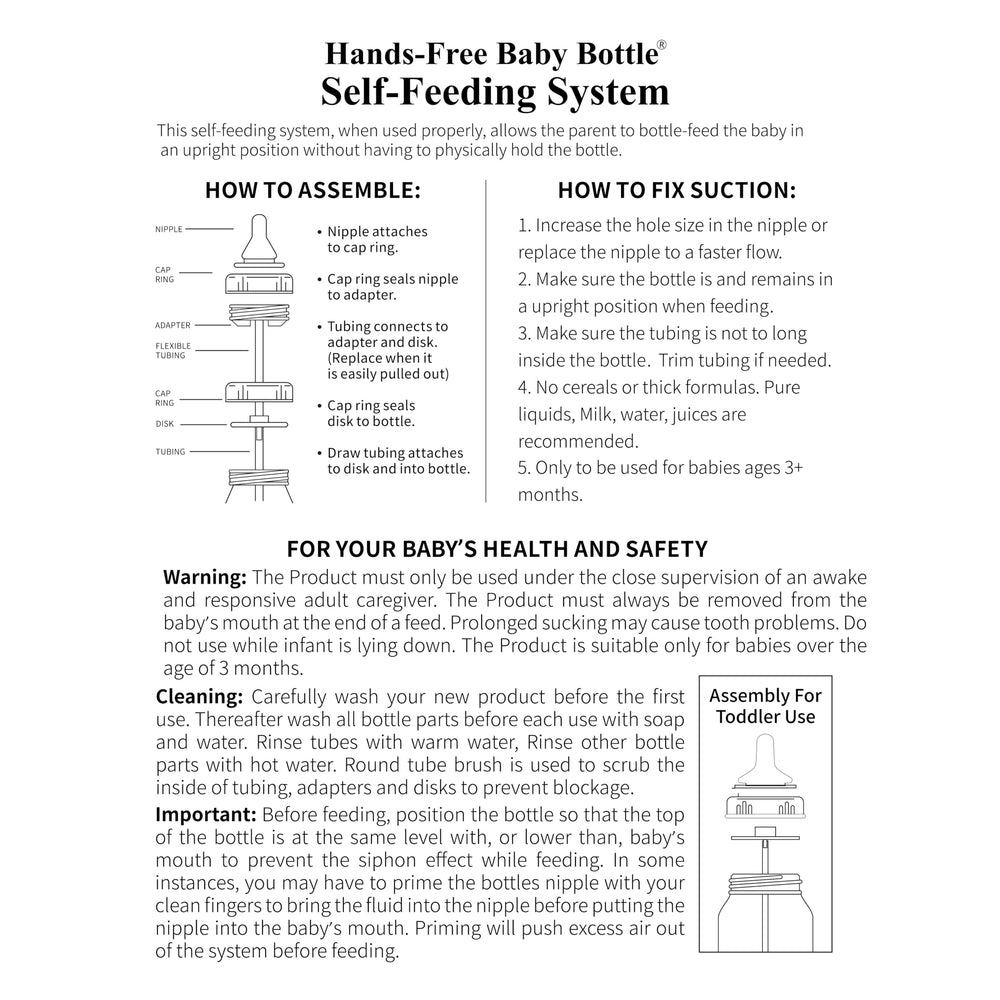 Hands-Free Baby Bottle easy assembly reduces leaks when used upright.