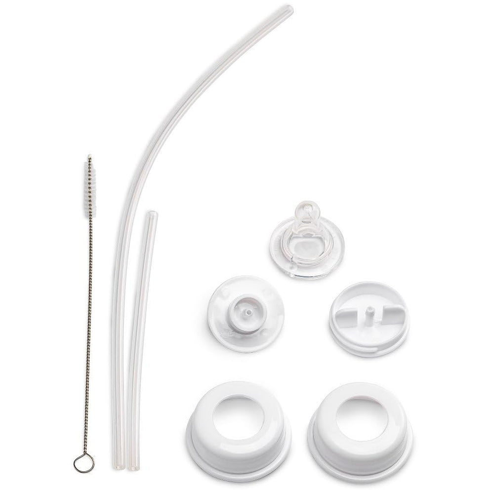 Hands-Free Baby Bottle tube straw system assembly highlights adjustable flow and leak prevention.