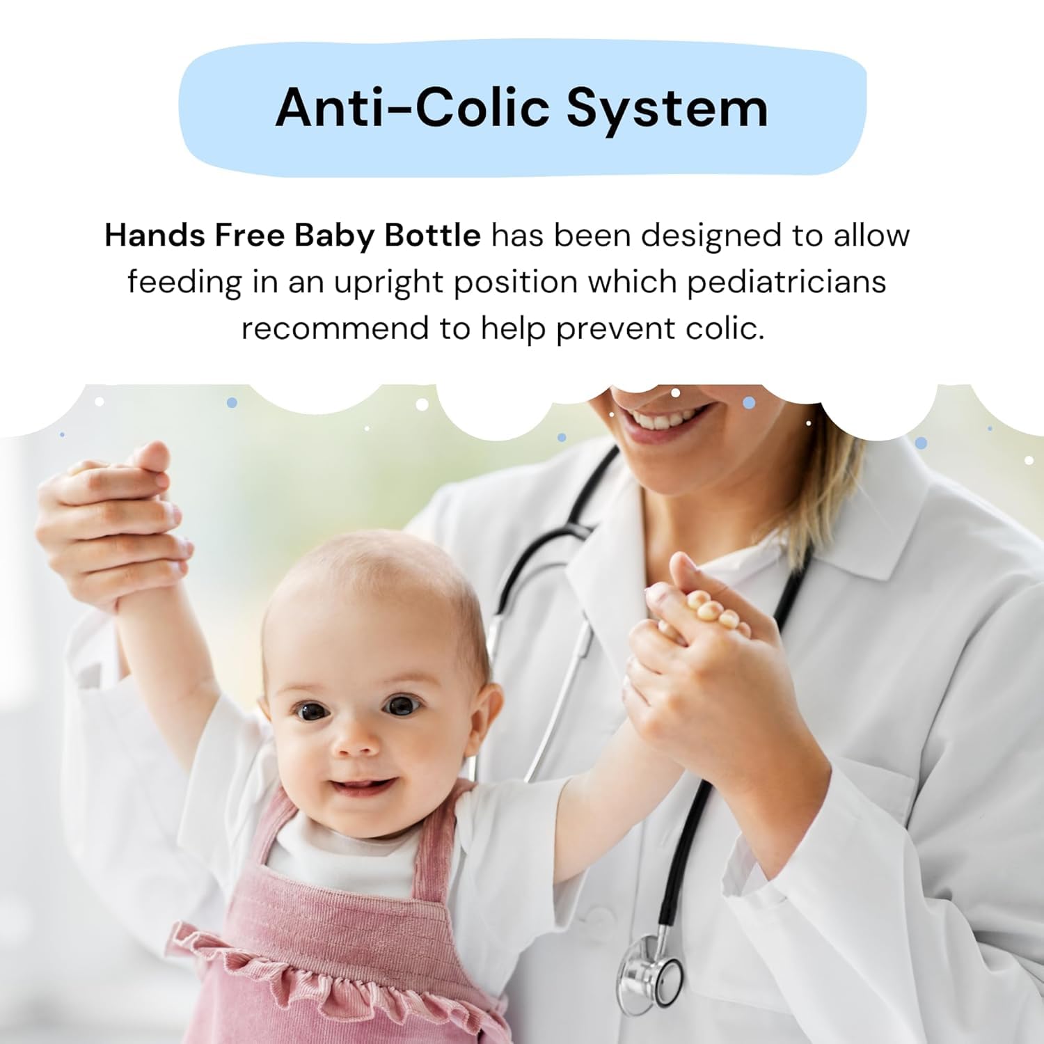 Hands-Free Baby Bottle tube-straw-system demonstrates safe, controlled milk flow for upright feeding