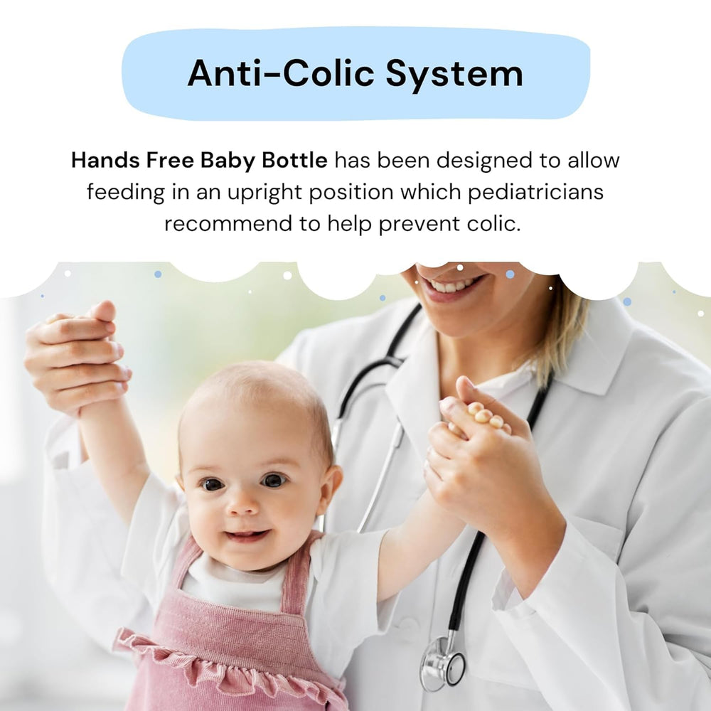 Hands-Free Baby Bottle tube-straw-system demonstrates safe, controlled milk flow for upright feeding