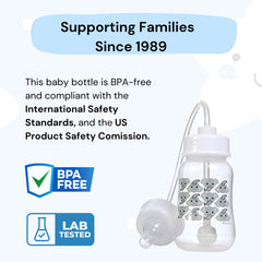 Hands-Free Baby Bottle tube straw system demonstrates controlled toddler sipping on the go.