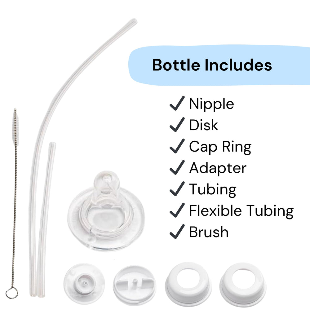 Hands-Free Baby Bottle tubing and nipple assembly laid out for quick setup
