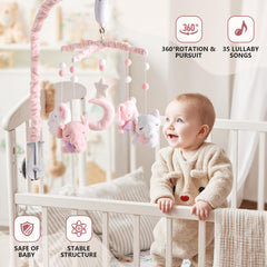HanMiaMia crib mobile demonstrates three digital modes for music, spin, or both.