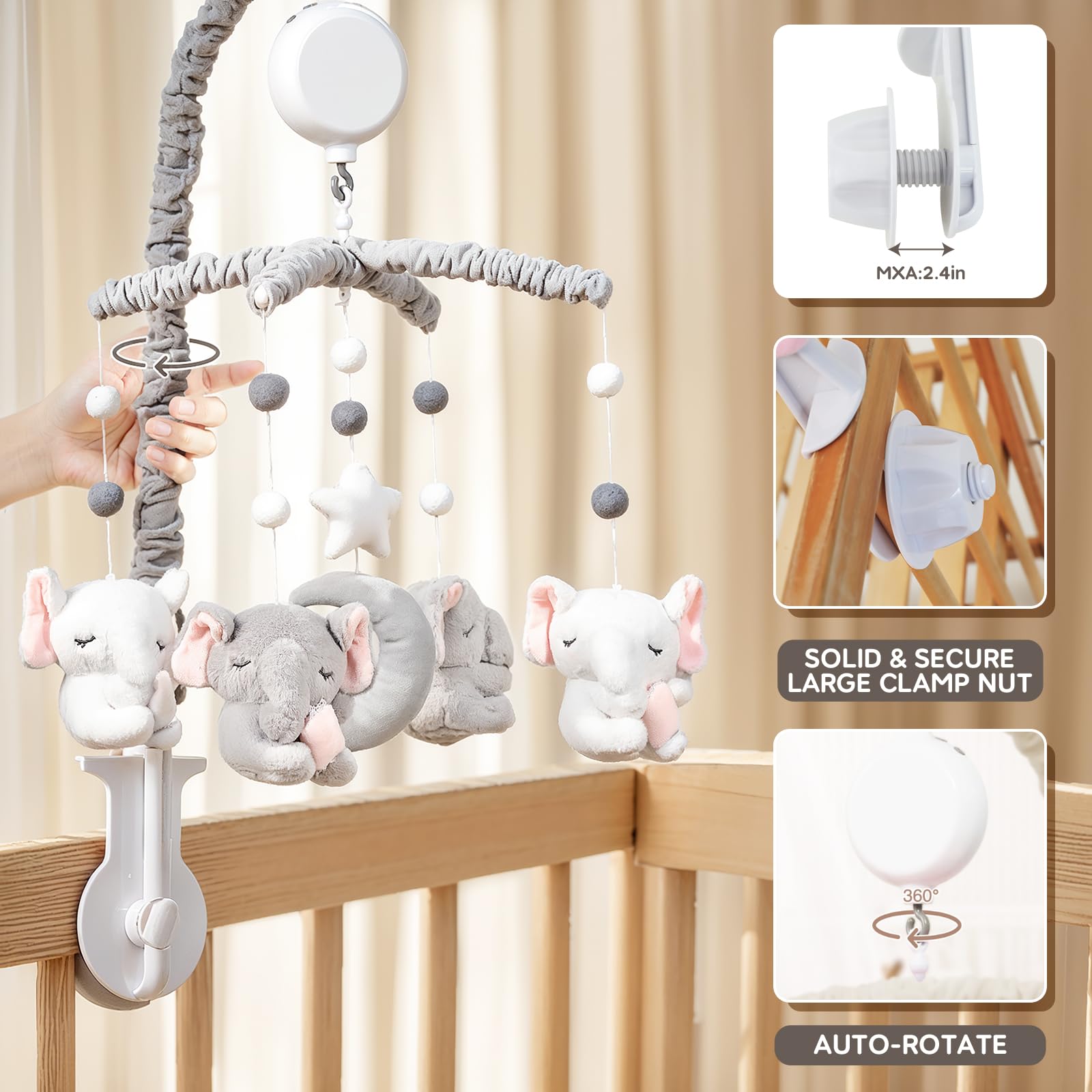 HanMiaMia crib mobile includes volume control for comfortable listening levels.