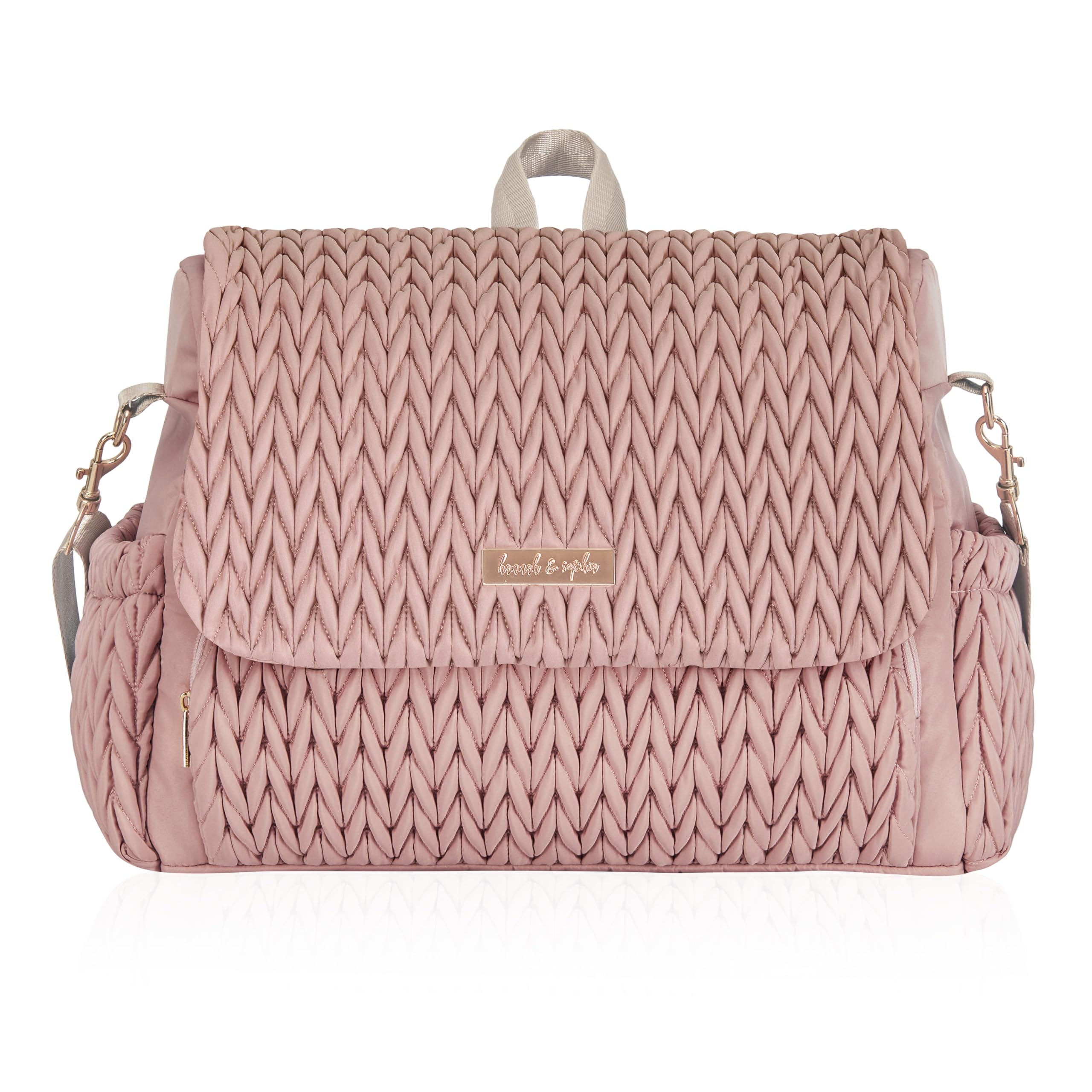 Hannah & Sophia Belle pink front view shows convertible backpack for on-the-go parents