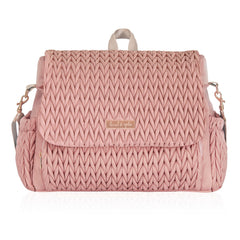 Hannah & Sophia Belle pink front view shows convertible backpack for on-the-go parents