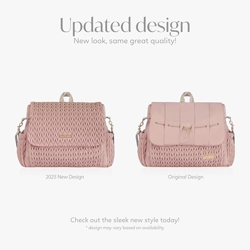 Hannah & Sophia Belle pink side view with accessible exterior pockets for quick storage