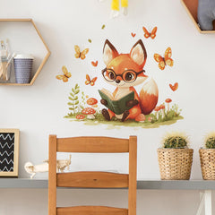 HANOZGU Woodland Fox Reading Wall Decal featuring a studious fox in a cozy reading corner.