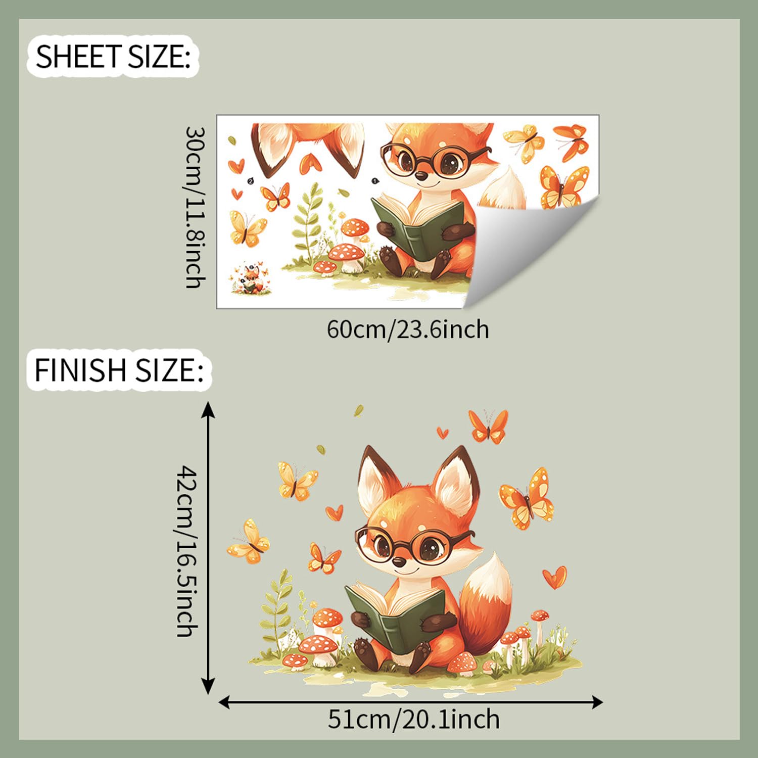HANOZGU Woodland Fox Reading Wall Decal shows a glasses-wearing fox among butterflies, sparking imagination.