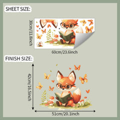 HANOZGU Woodland Fox Reading Wall Decal shows a glasses-wearing fox among butterflies, sparking imagination.