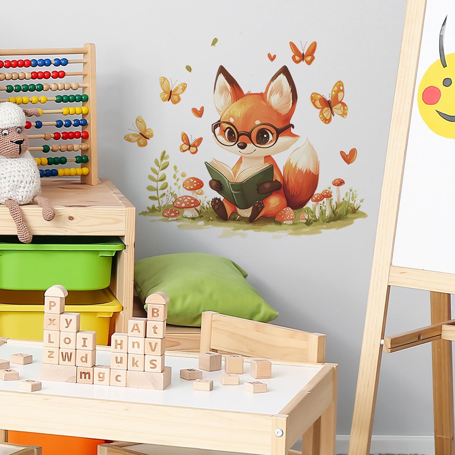 HANOZGU Woodland Fox Reading Wall Decal includes butterflies and mushrooms for a playful room accent.