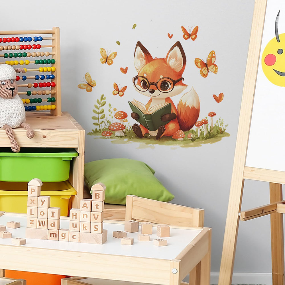 HANOZGU Woodland Fox Reading Wall Decal includes butterflies and mushrooms for a playful room accent.