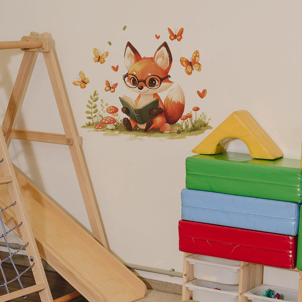 HANOZGU Woodland Fox Reading Wall Decal positioned in a reading nook, adding cozy study vibes.