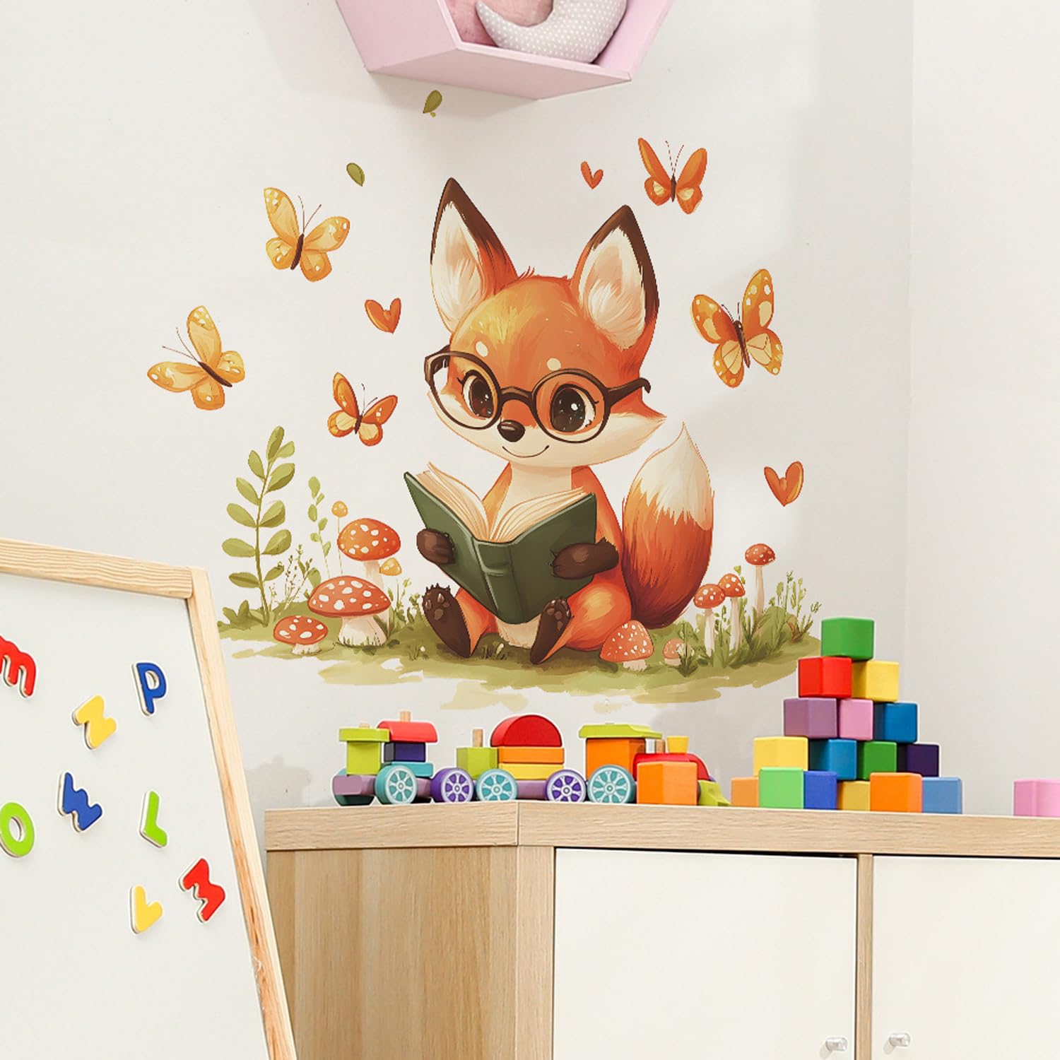 HANOZGU Woodland Fox Reading Wall Decal brighten nursery walls with warm woodland tones.