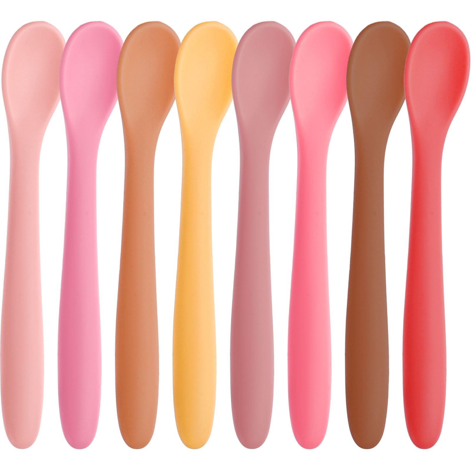 HANSGO 8-piece silicone baby spoons pack in pastel colors for gentle gum-friendly self-feeding.