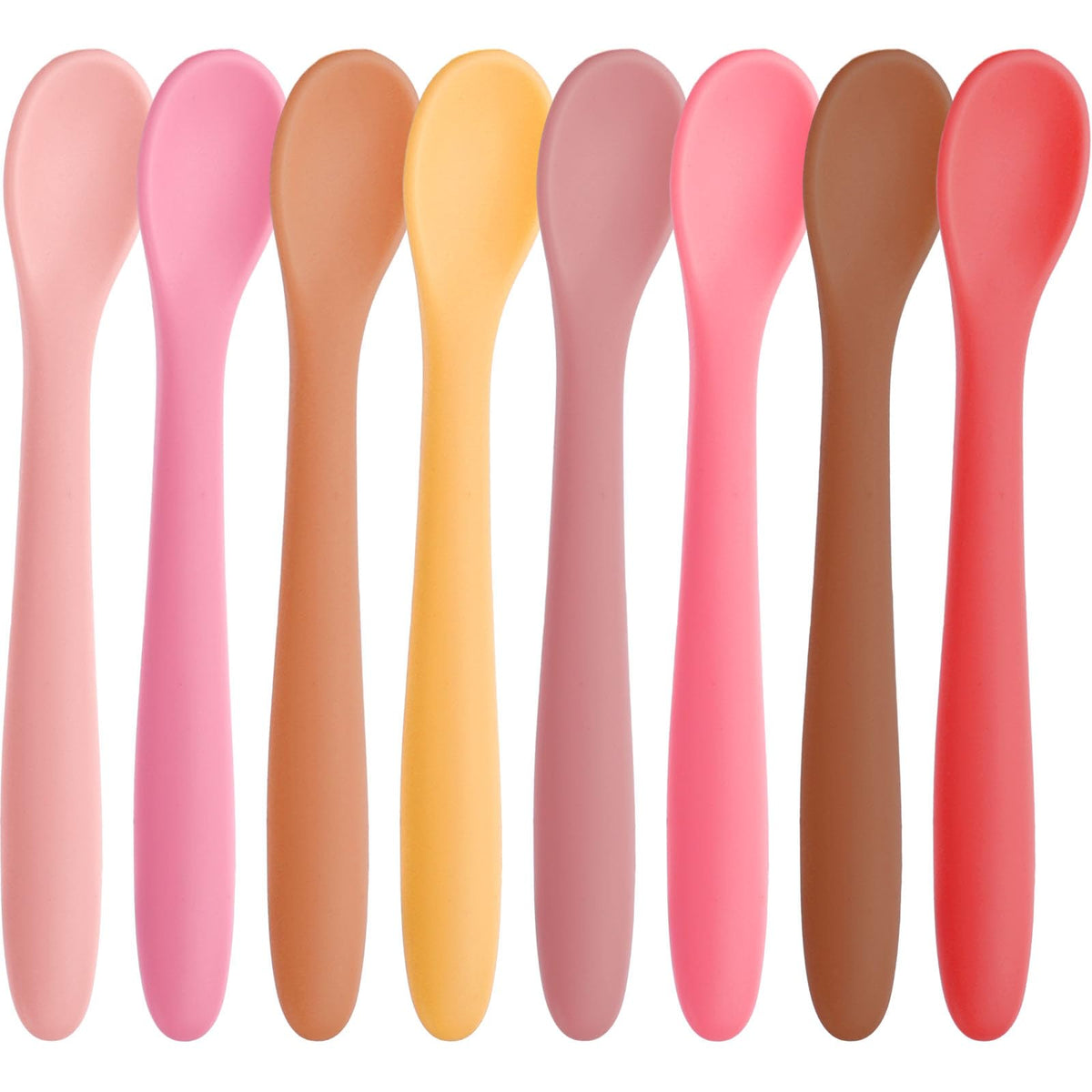 HANSGO 8-piece silicone baby spoons pack in pastel colors for gentle gum-friendly self-feeding.