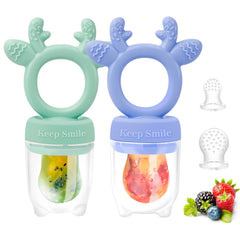 HAOBAOBEI baby feeder with deer design in green and purple for safe solid-first bites.