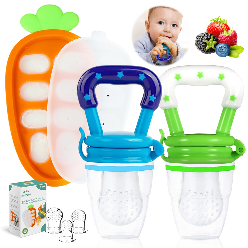 HAOBAOBEI baby fruit feeder in use with blue-green design for safe, mess-free feeding