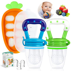 HAOBAOBEI baby fruit feeder in use with blue-green design for safe, mess-free feeding