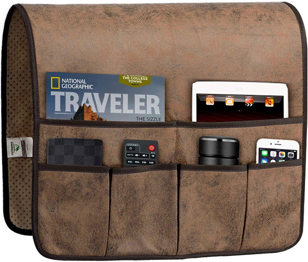 HAOMAIJIA armrest organizer in brown keeps essentials tidy on the sofa.
