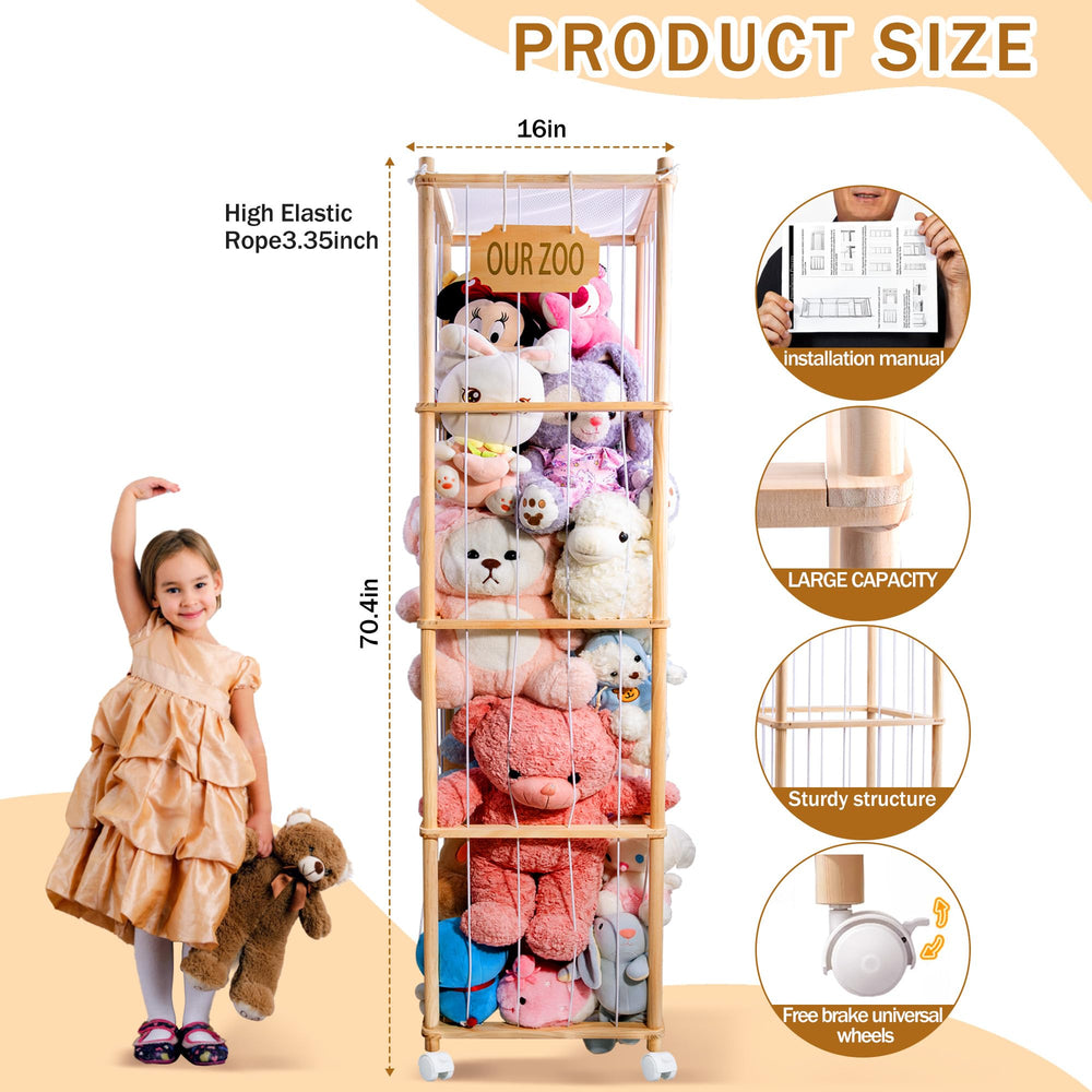 HAOPENGYOU wooden stuffed animal zoo shelf assembly shows sturdy pine and steel screws for durability